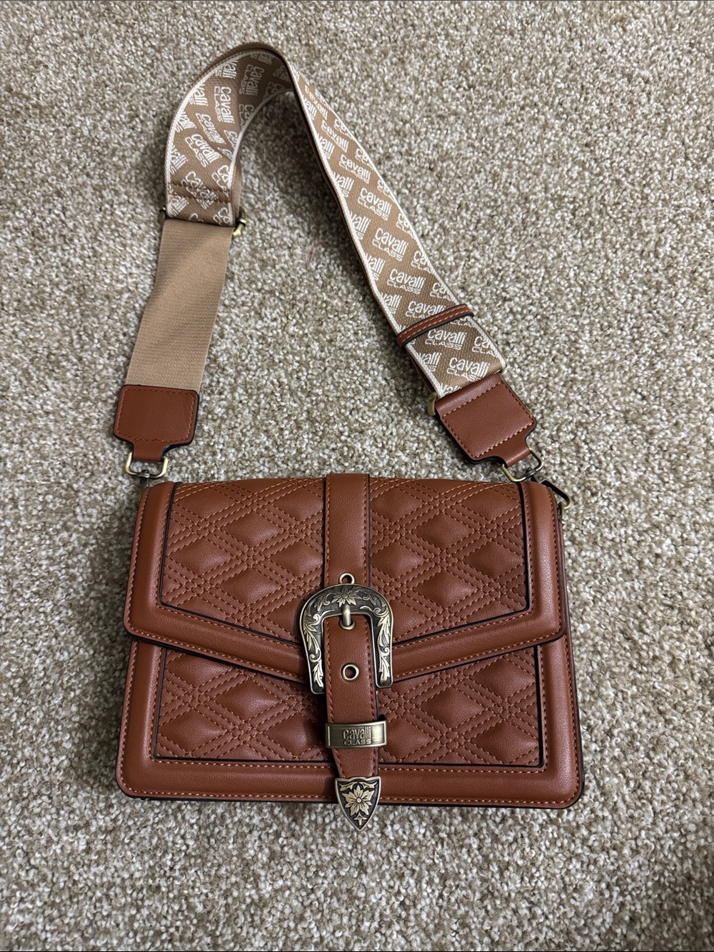Cavalli Class Quilted Brown Leather Crossbody with Logo Jacquard Strap